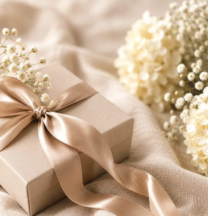An elegantly wrapped gift box with gold ribbon and white flowers